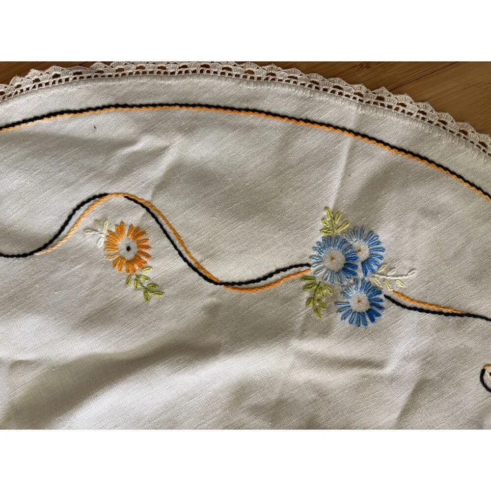 Vintage Needlepoint Table Cover Round Floral Basket Ribbon Lace Trim 35
